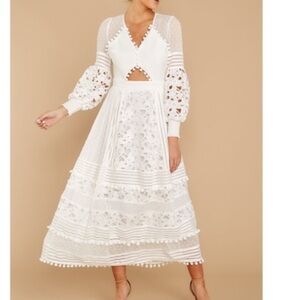 L’ATISTE White Lace Midi Dress with Balloon Sleeves